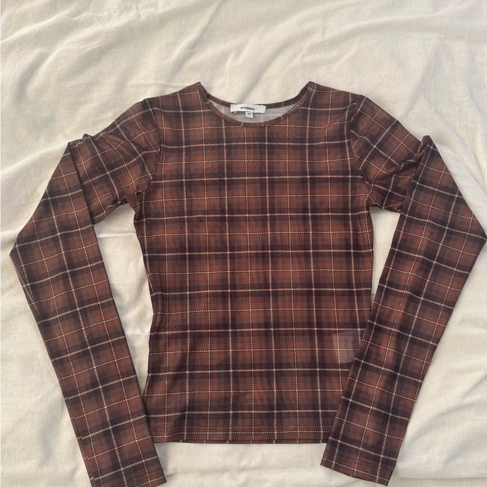 Miaou Sheer Plaid Long Sleeve Top - Brown